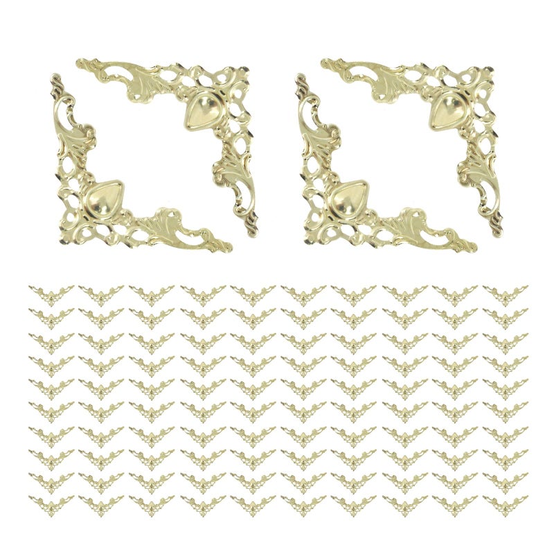 Geesatis 100-Pack Antique Gold Corner Protectors - Decorative Edge Guards for Photo, Books, Albums, Jewelry Boxes & Gifts (1.6x1.6x2.2 inch) - Rustic Vintage Craft Supplies - Image 1